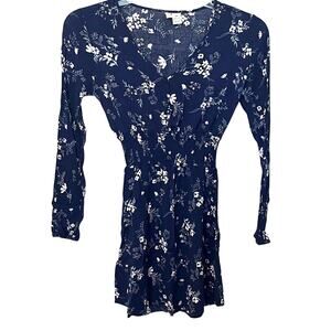 SKY AND SPARROW LONG SLV, V-NECK MINI WAIST DRESS, WOMEN, XS, BLUE - FLORAL PATT